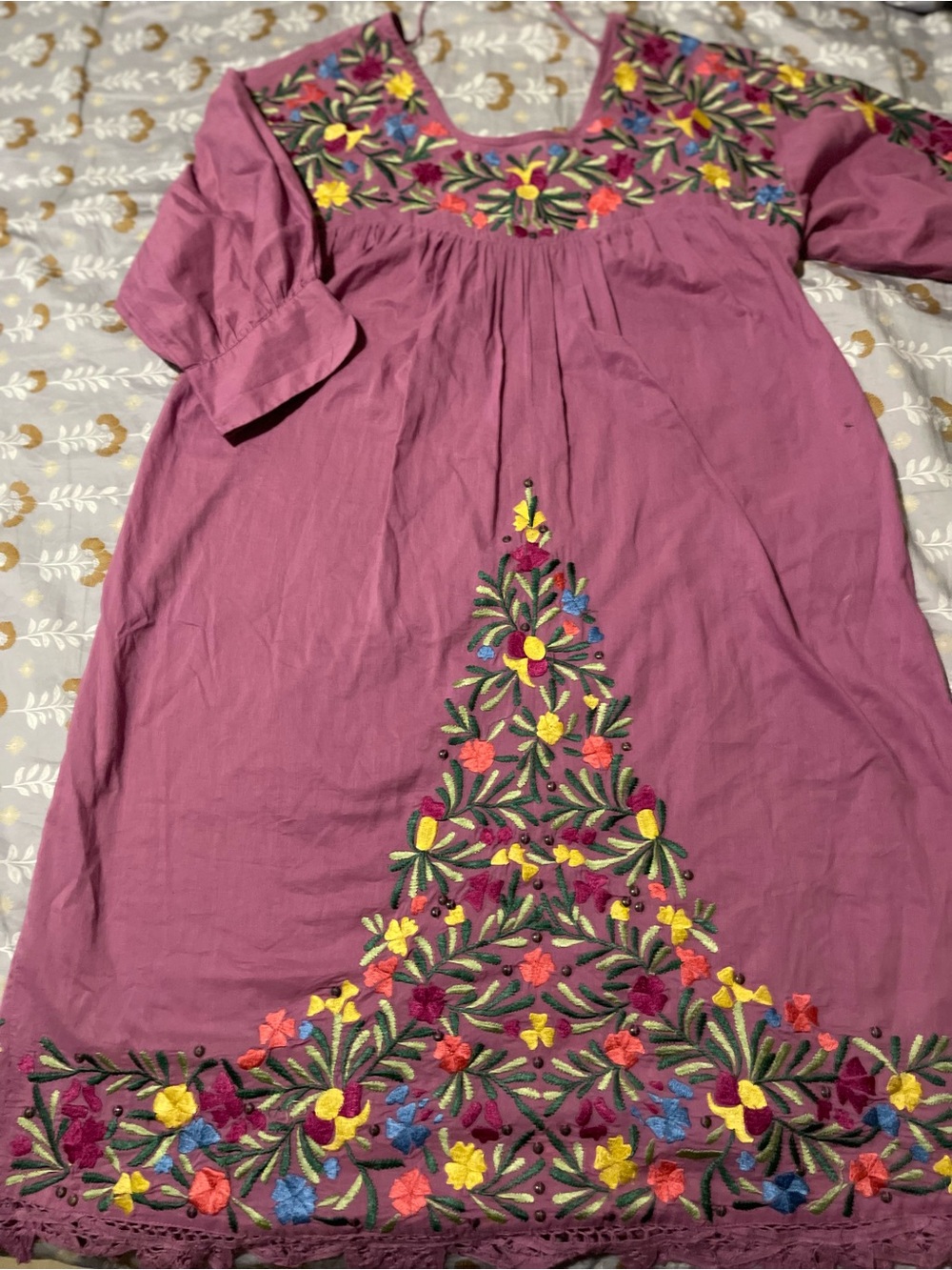 Antik Batik Mauve Floral-Embroidered Casual Dress